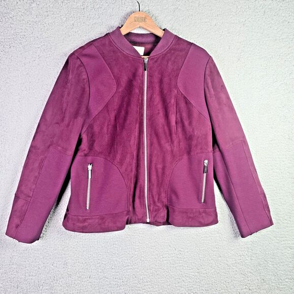 Chicos Purple Faux Suede Mixed Media Moto Jacket Size 2 Zip Pockets Lined - Picture 4 of 13